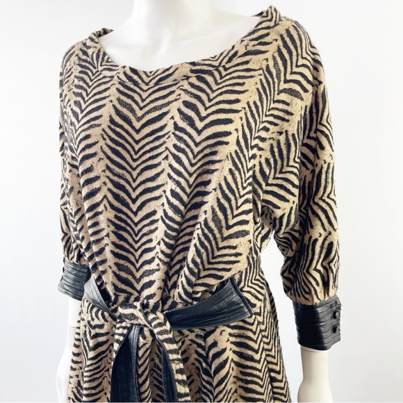 Sea New York Dress Brown Tiger Stripes 3/4 with Leather Trim and Belt Size 10 - Picture 6 of 11